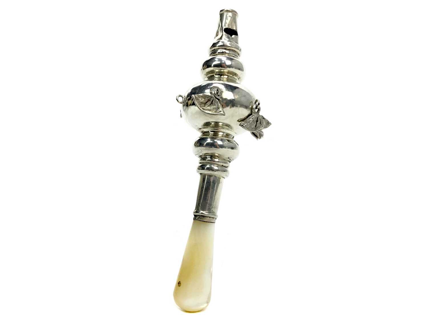 Lot 220 - A SILVER RATTLE WITH MOTHER OF PEARL TEETHER