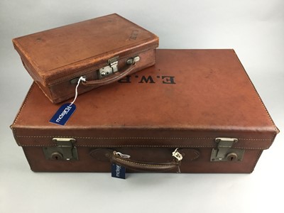 Lot 123 - A VINTAGE LEATHER SUITCASE AND AN ATTACHE CASE