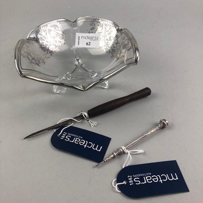 Lot 62 - A CLEAR GLASS SILVER OVERLAID DISH, PENCIL AND LETTER OPENER