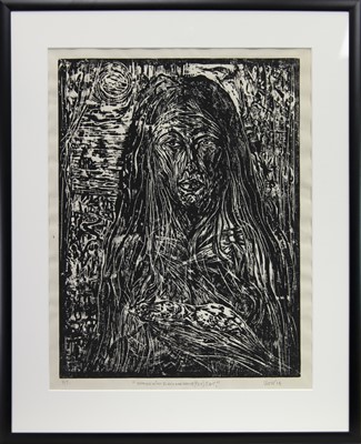Lot 590 - WOMAN WITH BLACK AND WHITE (PET RAT), A WOODCUT BY JOSEPH URIE