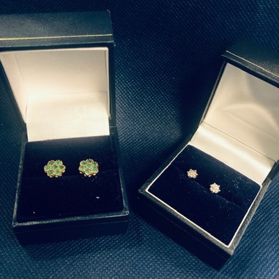 Lot 53 - A LOT OF TWO PAIRS OF DIAMOND AND EMERALD SET EARRINGS