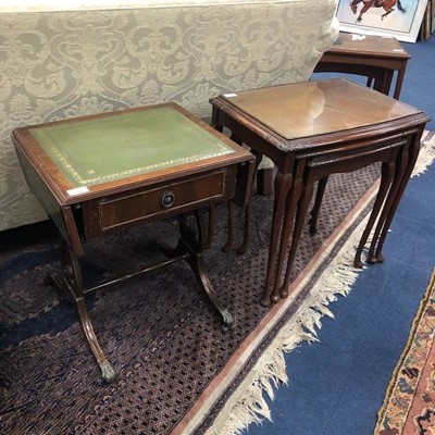 Lot 268 - A NEST OF THREE TABLES, DRUM TOPPED TABLE, TWO WINE TABLES AND A DROP LEAF TABLE