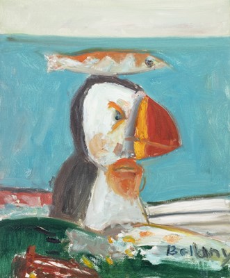 Lot 572 - PUFFIN WITH FISH ON HEAD, AN OIL BY JOHN BELLANY