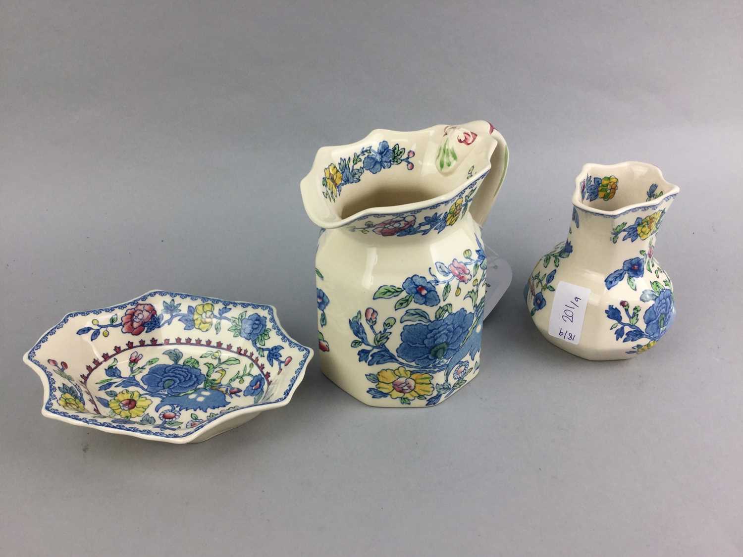 Lot 201 - A MASONS WATER JUG, SMALLER JUG AND SIX BOOTHS PLATES