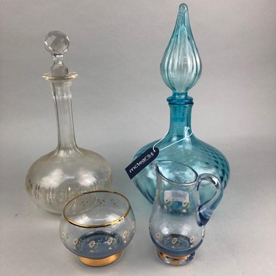 Lot 304 - A COLOURED GLASS DECANTER WITH STOPPER AND OTHER GLASS AND CRYSTAL WARE