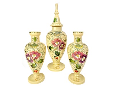 Lot 1055 - A GARNITURE OF THREE VICTORIAN GLASS VASES
