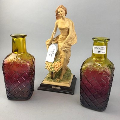 Lot 29 - A PAIR OF COLOURED GLASS BOTTLE VASES AND OTHER CERAMICS
