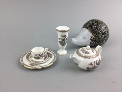Lot 221 - A LOT OF THREE WEDGWOOD MINIATURES, HEDGEHOG PAPERWEIGHT AND TEA WARE