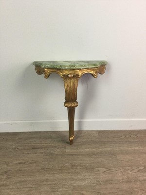 Lot 1411 - A SMALL GILT-WOOD CONSOLE TABLE WITH FAUX MARBLE TOP
