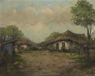 Lot 456 - THATCHED COTTAGES, AN OIL BY HARRY KOOLEN