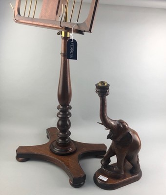 Lot 249 - A REPRODUCTION MUSIC STAND, ELEPHANT LAMP AND A PICNIC SET