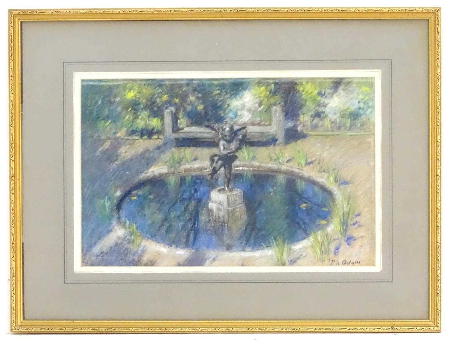 Lot 45 - FOUNTAIN WITH SCULPTURE, A PASTEL BY PATRICK WILLIAM ADAM