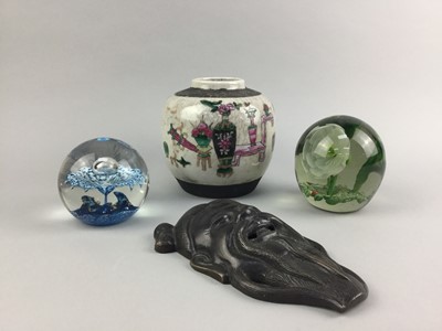 Lot 238 - A CHINESE JAR, TWO GLASS PAPERWEIGHTS AND A WALL MASK