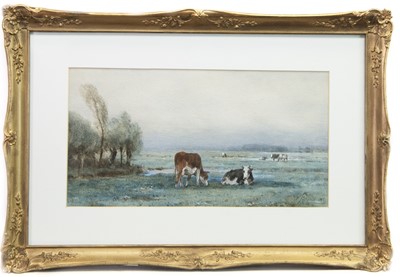 Lot 477 - COWS IN THE FIELD, A WATERCOLOUR BY PIETER STORTENBEKER