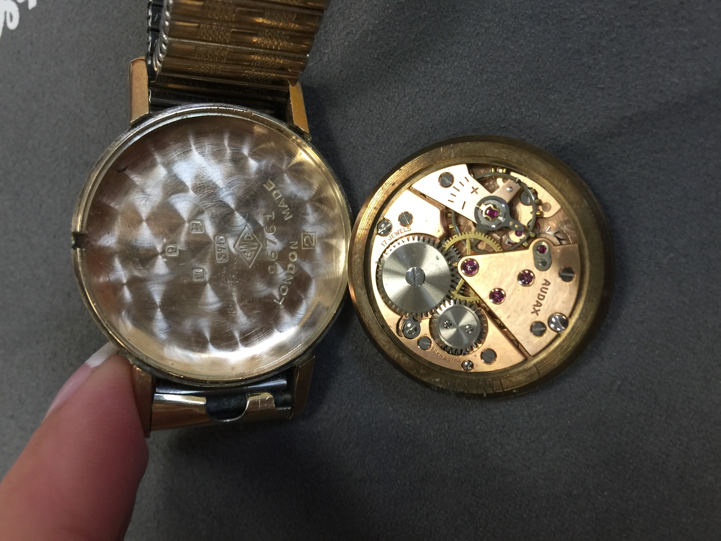 Sold at Auction: Vintage AUDAX gentleman?s wristwatch 1950s , in full  working order having white face and gold numerals with second hand. Face  showing 17 Jewels incabloc , Swiss made .Exceptional condition.