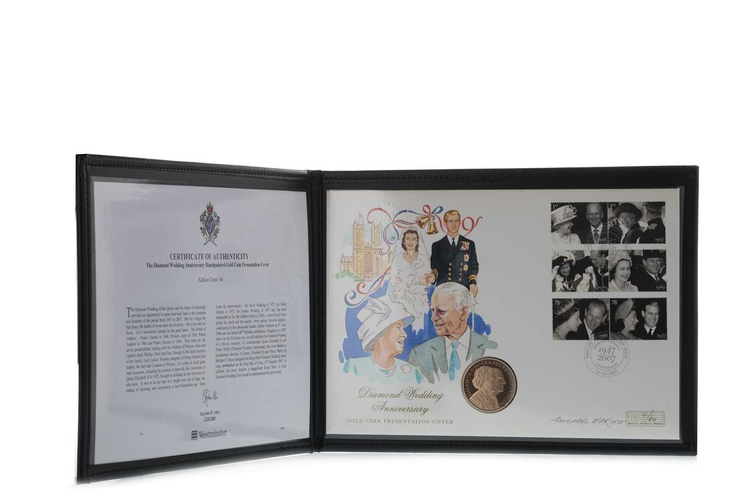 Lot 16 - THE DIAMOND WEDDING ANNIVERSARY HANDPAINTED GOLD FIVE POUND £5 COIN PRESENTATION COVER