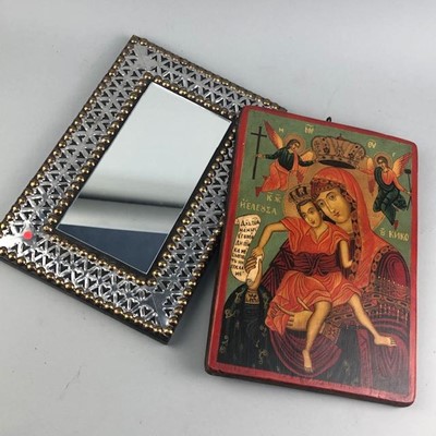Lot 345 - A REPRODUCTION RUSSIAN ICON AND A WALL MIRROR