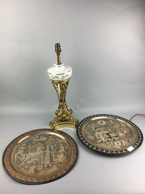 Lot 328 - A BRASS AND CERAMIC TABLE LAMP, CAIRO WARE CHARGERS, FIGURES AND DISPLAY STAND