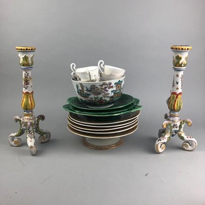 Lot 329 - A PRATT WARE PART DESSERT SERVICE, NURSERY TEA WARE, CANDLESTICKS AND OTHER CERAMICS