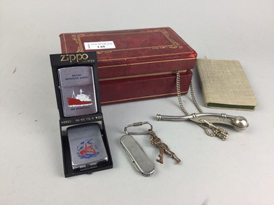 Lot 148 - A LOT OF TWO BRITISH ANTARCTIC SURVEY ZIPPO LIGHTERS ALONG WITH A WHISTLE AND KEYRING