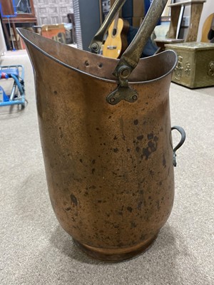 Lot 419 - A BRASS COAL SCUTTLE, KITCHEN POTS AND A VINTAGE TROLLEY