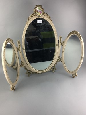 Lot 420 - A WHITE PAINTED TRIPTYCH DRESSING MIRROR AND A TABLE LAMP