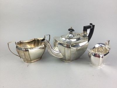 Lot 410 - A SILVER PLATED THREE PIECE TEA SERVICE AND OTHER SILVER PLATED WARE