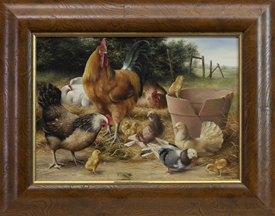 Lot 28 - CHICKEN & DOVES, AN OIL BY CARL WHITFIELD