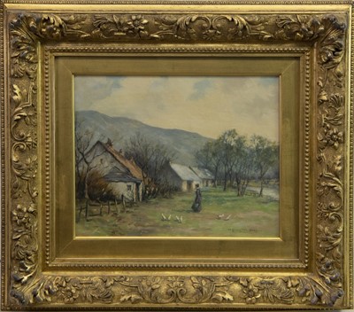 Lot 27 - CHICKENS FEEDING BY COTTAGES, AN OIL BY W LAUGHLAND COCKBURN