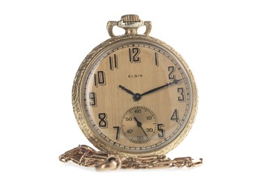 Lot 708 - AN ART DECO ELGIN GOLD PLATED OPEN FACE KEYLESS WIND POCKET WATCH AND NINE CARAT GOLD CHAIN