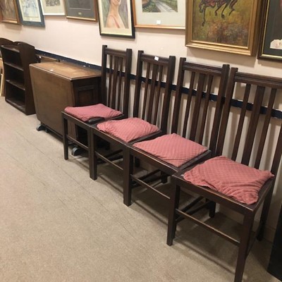 Lot 461 - A SET OF FOUR MAHOGANY DINING CHAIRS, DROP LEAF TABLE, TOWEL RAIL AND A BOOKCASE