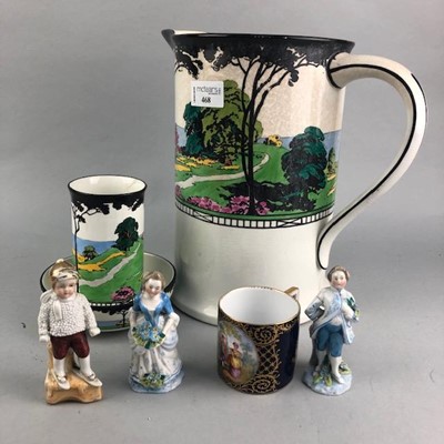 Lot 468 - AN ADDERLEYS JUG, MATCHING VASE, CUP AND THREE CERAMIC FIGURES