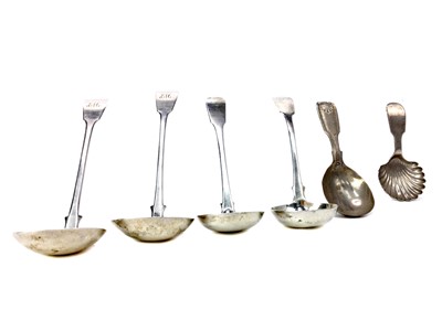 Lot 515 - A PAIR OF SCOTTISH PROVINCIAL SILVER SAUCE LADLES ALONG WITH FOUR OTHER SPOONS