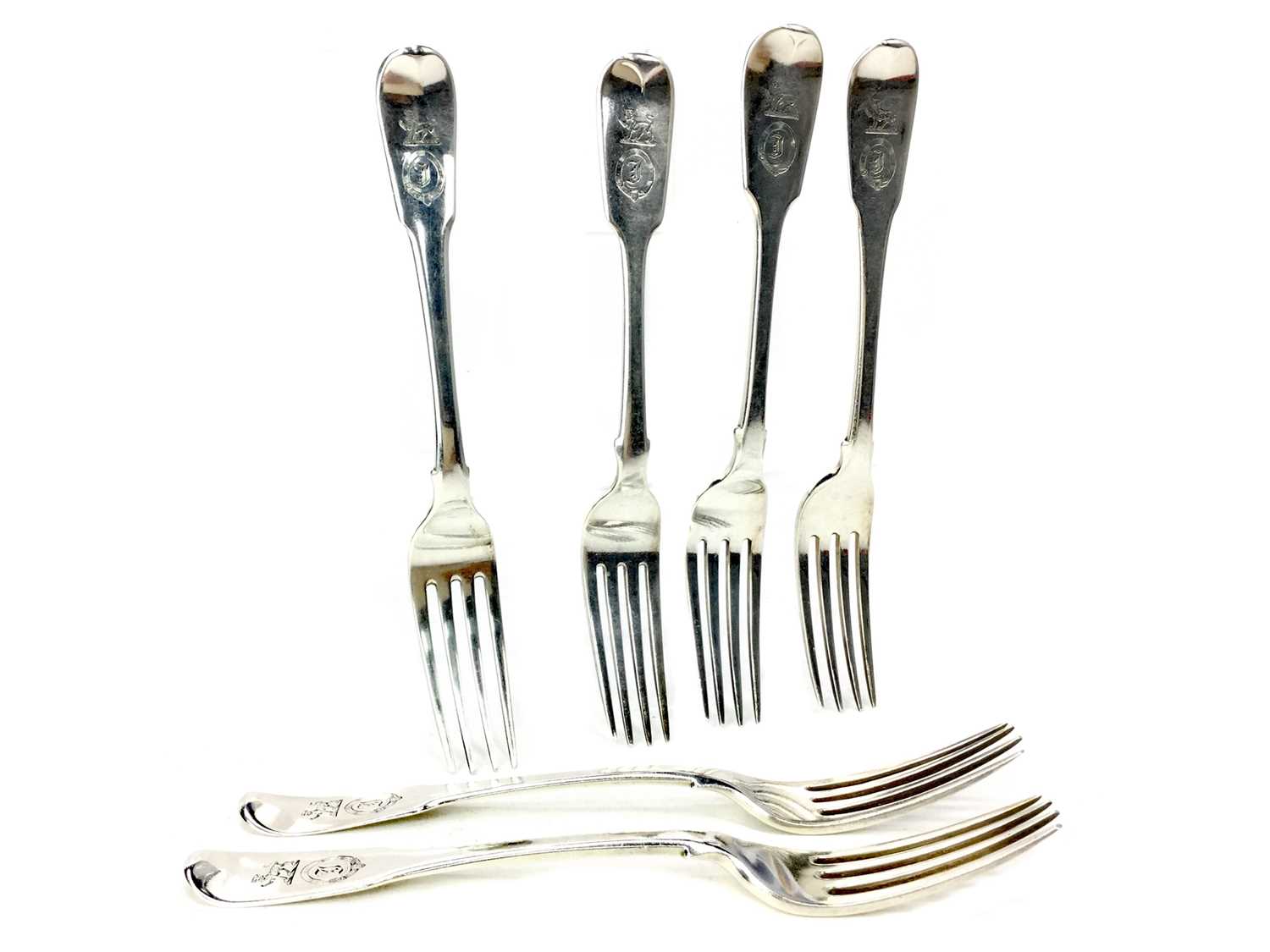 Lot 518 - A COMPOSITE SET OF SIX SILVER DINING FORKS