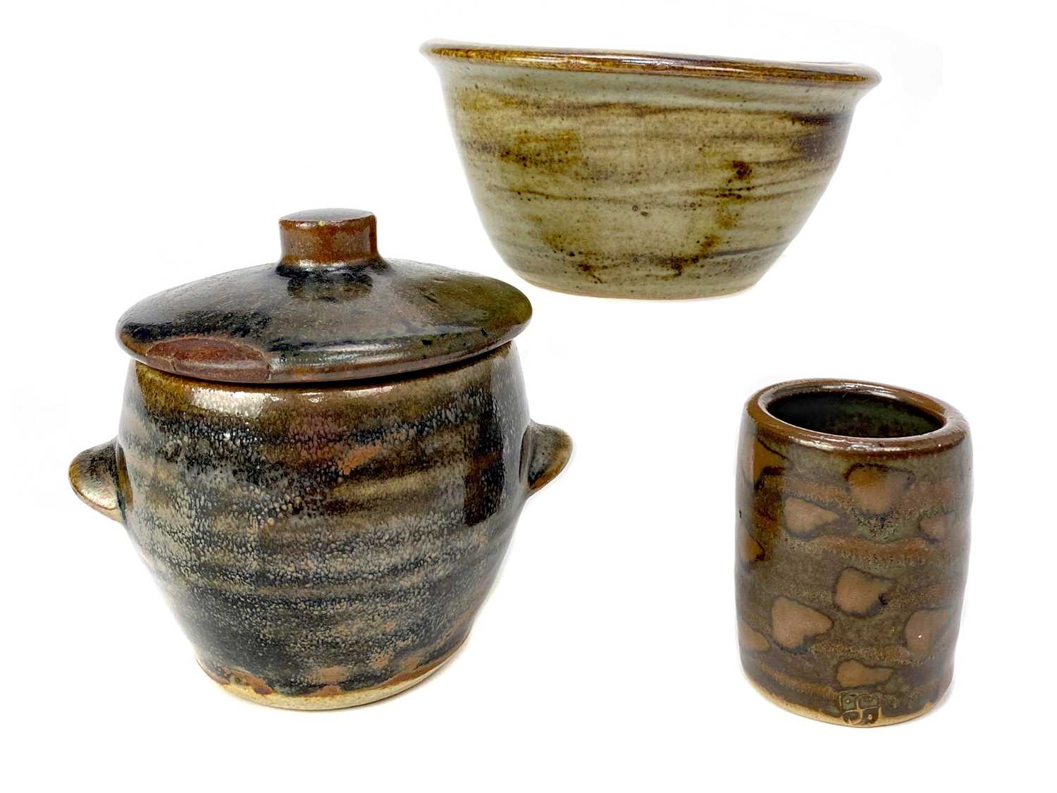 Lot 260 - A ST. IVES STUDIO POTTERY BOWL ALONG WITH A LIDDED JAR AND BRUSH WASH