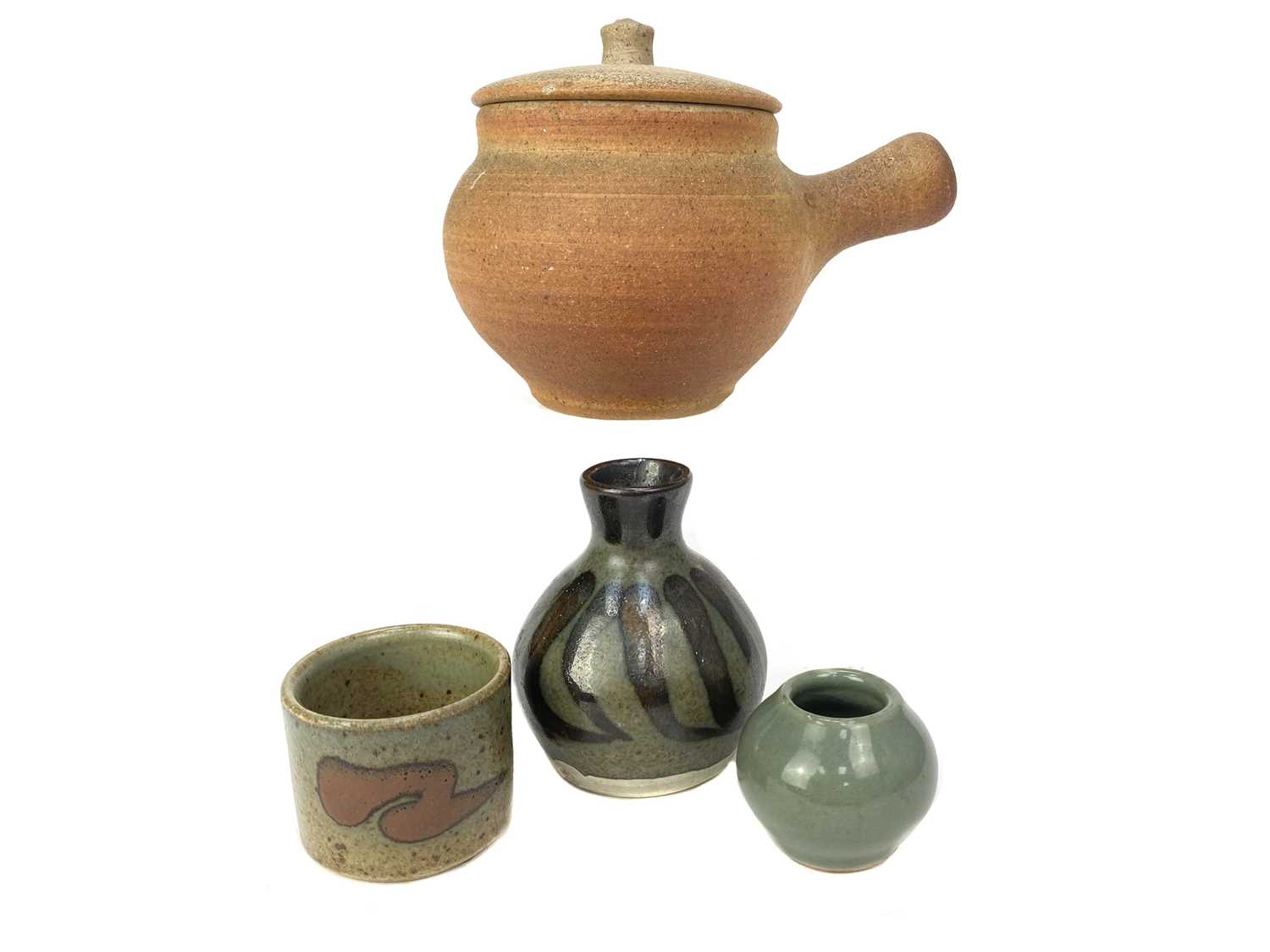 Lot 180 - A ST. IVES STUDIO POTTERY LIDDED JAR ALONG WITH TWO VASES AND A BRUSH WASH