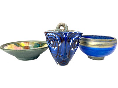 Lot 1077 - A STUDIO POTTERY WALL POCKET BY FLORENCE JAMIESON, ALONG WITH TWO STUDIO POTTERY BOWLS