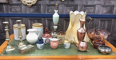 Lot 494 - A PAIR OF BRASS CANDLESTICKS, STORAGE JARS AND OTHER ITEMS