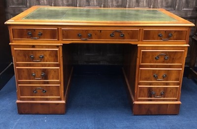 Lot 509 - A REPRODUCTION YEW WOOD PEDESTAL WRITING DESK