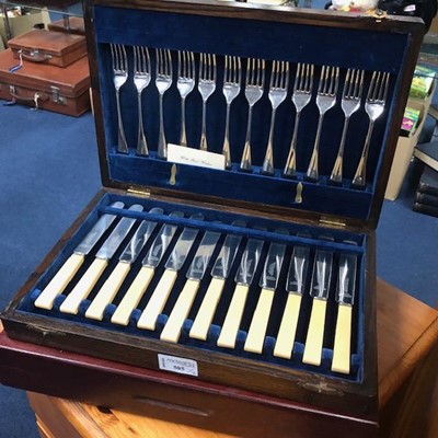 Lot 505 - A MAHOGANY CASED CANTEEN OF SILVER PLATED CUTLERY AND ANOTHER