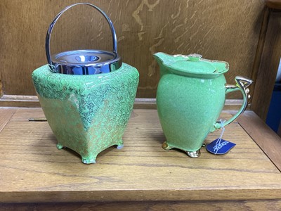 Lot 592 - A ROYAL WINTON GREEN AND GILT TEA POT AND OTHER CERAMICS