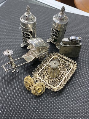 Lot 41A - A PAIR OF ART NOUVEAU SILVER PEPPER POTS, CHINESE SILVER RICKSHAW AND OTHER ITEMS