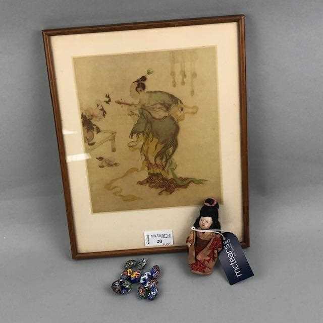 Lot 20 - AN EARLY 20TH CENTURY CHINESE DOLL IN TRADITIONAL DRESS, BEADS AND A PRINT
