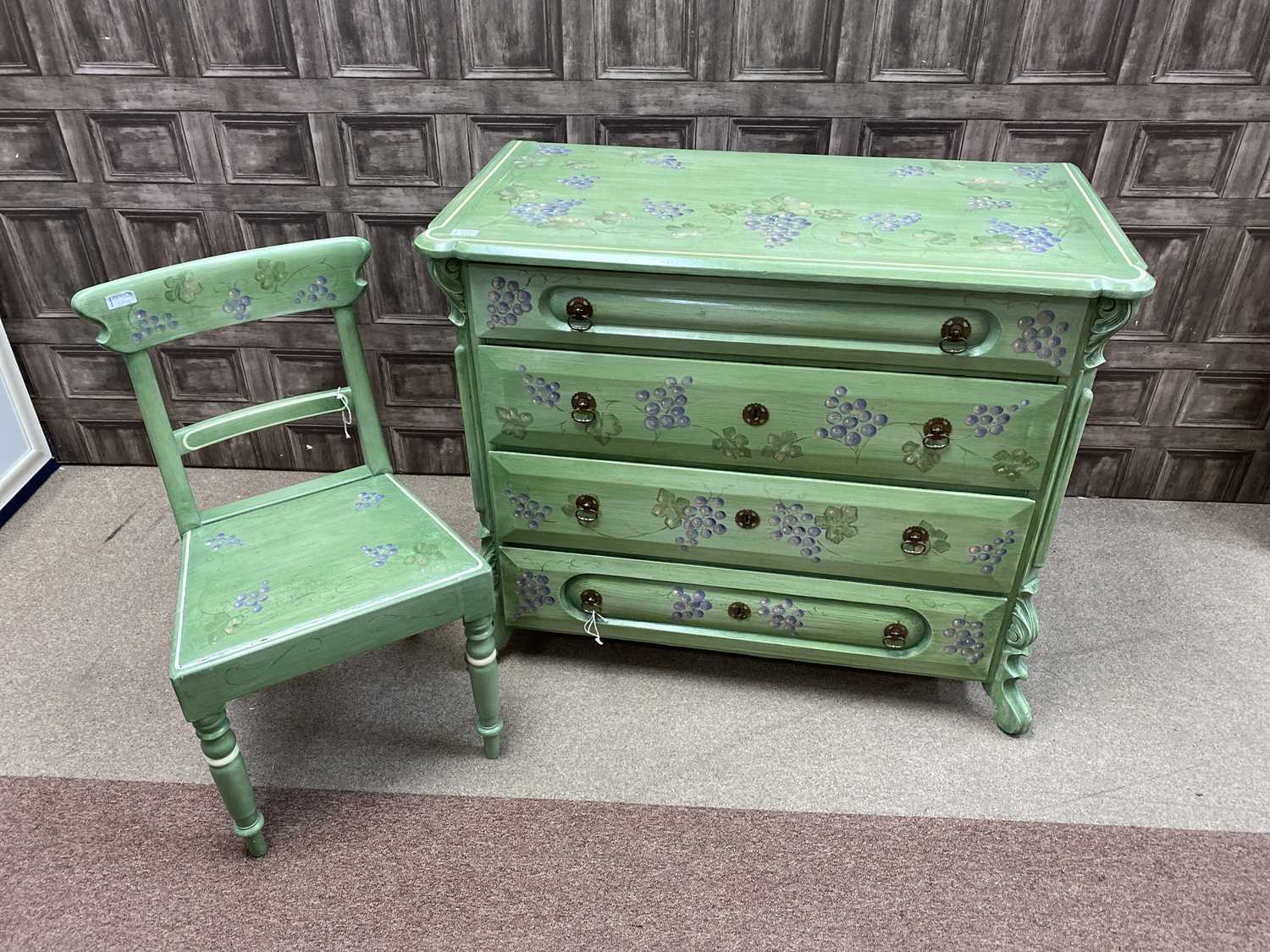 Lot 131 - A PAINTED PINE CHEST OF FOUR DRAWERS ALONG WITH A BEDROOM CHAIR