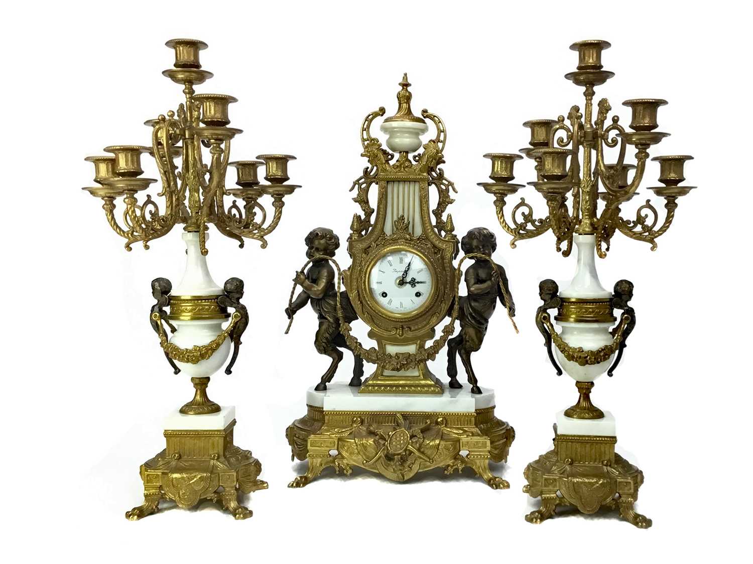 Lot 1114 - A REPRODUCTION ITALIAN GILTMETAL AND WHITE MARBLE CLOCK GARNITURE