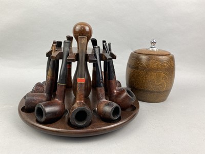 Lot 13 - A LOT OF PIPES, A PIPE STAND, TOBACCO JAR AND A WHEEL BAROMETER