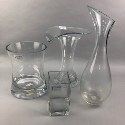 Lot 340 - A LOT OF THREE GLASS VASES ALONG WITH A CARAFE AND A LAMP