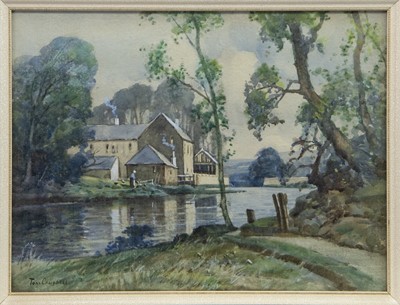 Lot 530 - RIVER SCENE WITH COTTAGE OVERLOOKING, A WATERCOLOUR BY TOM CAMPBELL