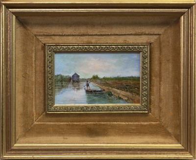 Lot 534 - A CONTINENTAL RIVER SCENE WITH FIGURE, AN OIL
