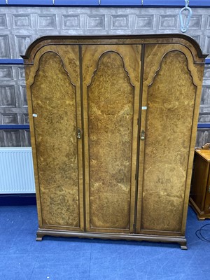 Lot 247 - A WALNUT WARDROBE, DRESSING CHEST, PAIR OF BEDSIDE CUPBOARDS AND TWO CHAIRS